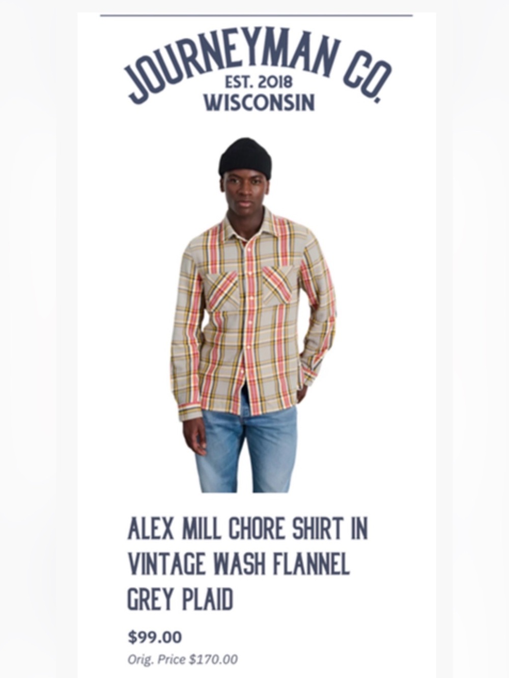 ALEX MILL — Men’s Chore Shirt in Vintage Wash Grey Plaid, size Small